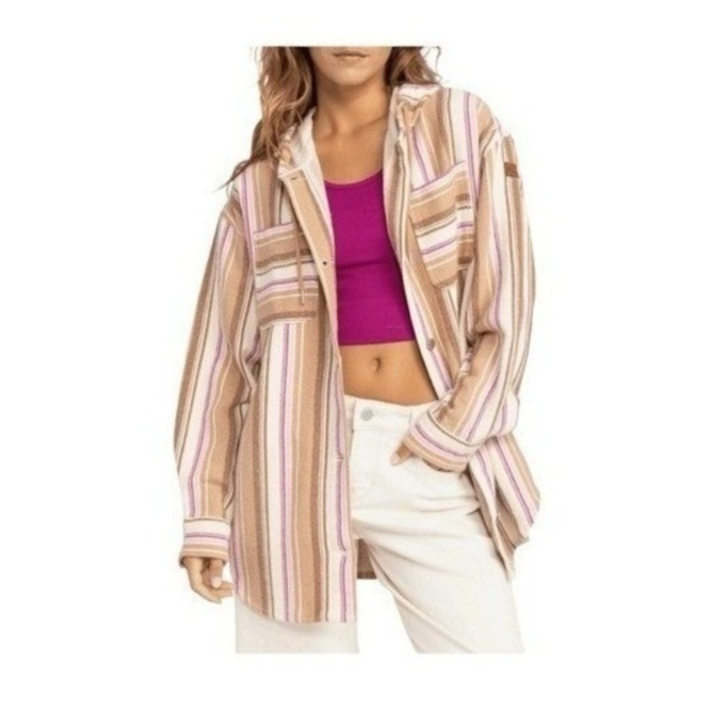 Roxy Sunlight Rider Stripe Hooded Cotton Shirt Jacket Shacket M